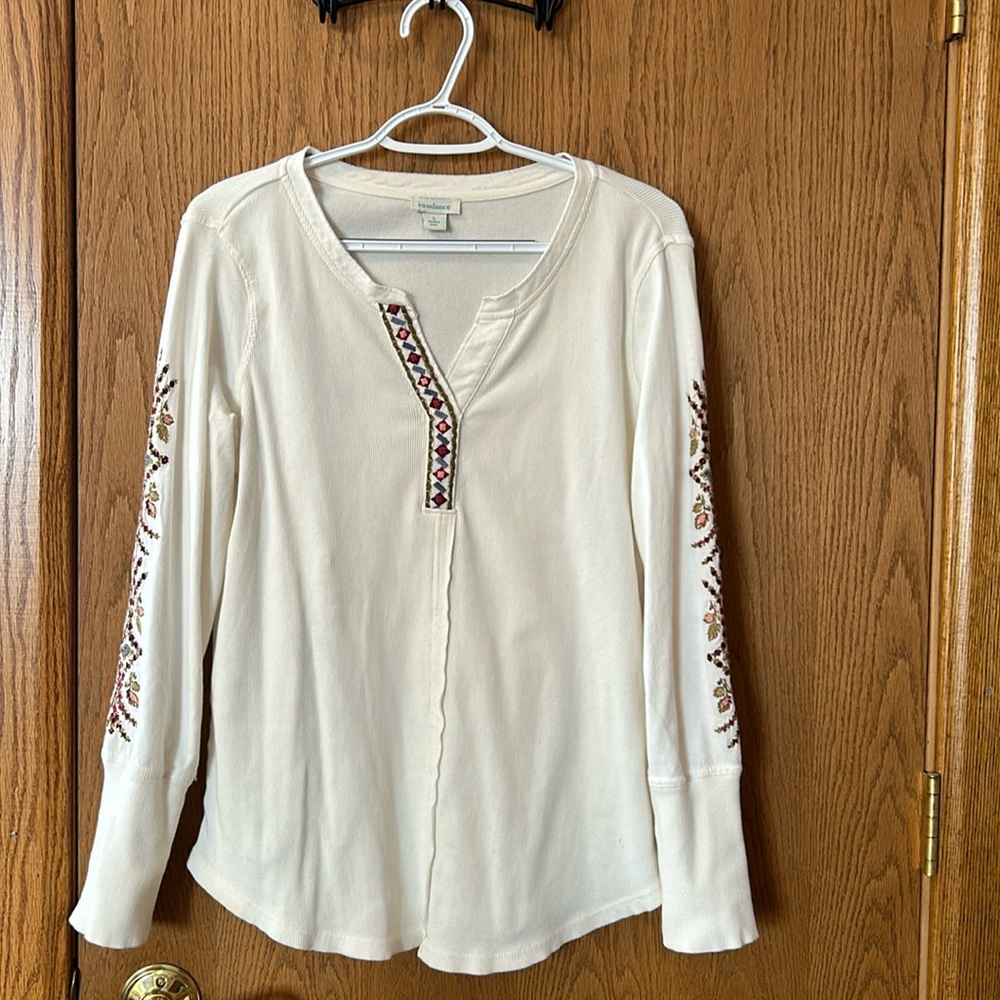 Sundance Vneck Henley thermal top with embroidery.